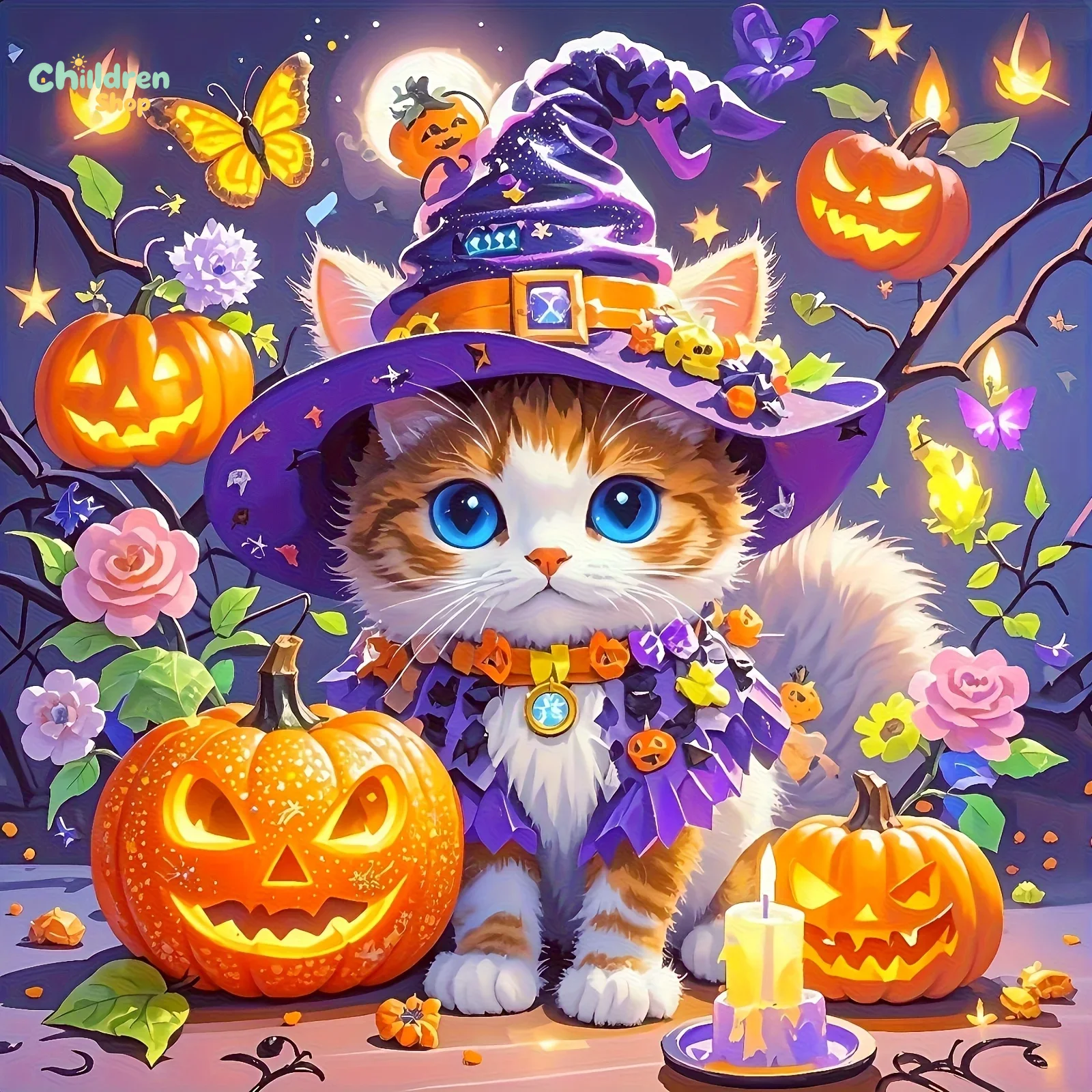 Photo Mosaic Print - ハロウィーンの魔法使い猫のダイヤモンドペイントキット。正方形と円形のモザイクを使用した、手作りのアート作品で、お部屋の装飾に最適。DIYで楽しめる新商品。フレームは付属しません。