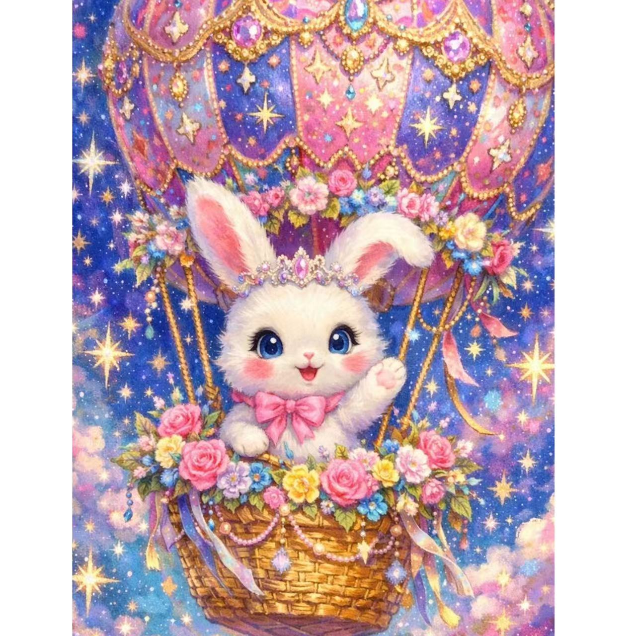 Photo Mosaic Print - ダイヤモンドペイント、可愛らしい白いウサギが花柄の熱気球の中にいるモチーフ、手作りのアート作品、丸型/角型ダイヤモンド使用、上品なギフト、インテリア装飾。