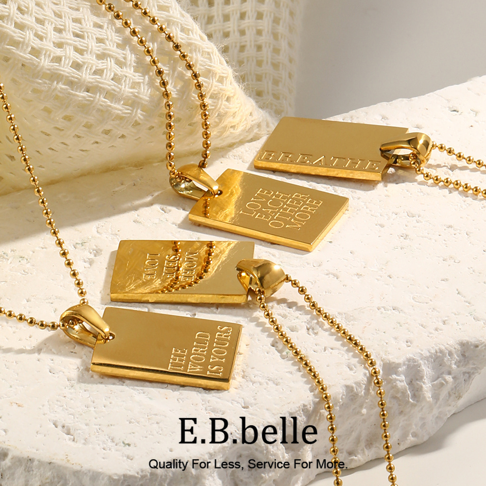 Birth Flower Necklace - E.B.belle スタイリッシュなヒップホップ個人彫刻文字スクエアペンダントネックレスビーズチェーンステンレス鋼ゴールドカラーネックレス